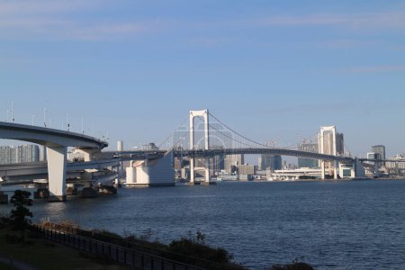Rainbow Bridge viewed from Toyosu in Tokyo, Japan