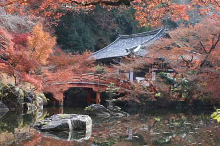 Benten-ike Pond and autumn leaves in Daigoji Temple, Kyoto, Japan