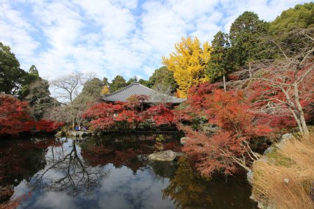 Foto de Kannon-do, estanque Benten-ike y hojas de otoño en el Templo Daigoji, Kyoto, Japón - Imagen libre de derechos