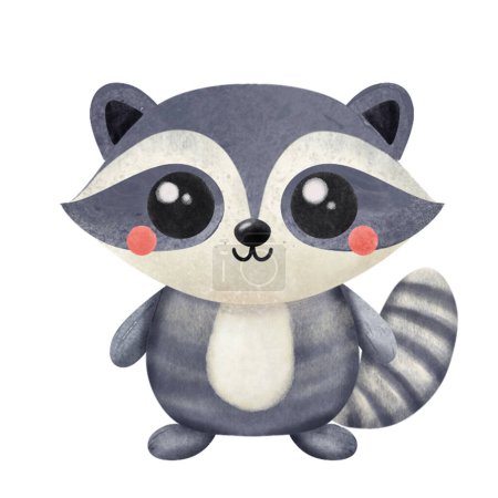 raccoon character stands upright, showcasing its iconic gray and black fur, ringed tail, and adorable facial features with prominent eyes and rosy cheeks.