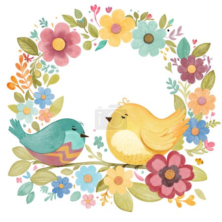 Two Charming Cartoon Birds Chatting Amongst a Colorful Floral Wreath. A delightful illustration showcases two cheerful cartoon birds engaging in a friendly conversation, surrounded by a vibrant wreath