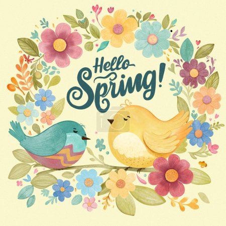Frühlingskarte mit niedlichen Vögeln und bunten Blumen