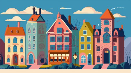 Téléchargez les illustrations : Dessin animé ville médiévale. Illustration vectorielle en style plat. Maisons colorées paysage arrière-plan - en licence libre de droit