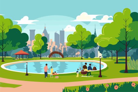 Ilustración de Parque de la ciudad en estilo plano. Paisaje verde ciudad. Fondo de ilustración vectorial - Imagen libre de derechos