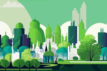 Ilustración de Paisaje verde de la ciudad con rascacielos y árboles. Fondo de ilustración vectorial - Imagen libre de derechos