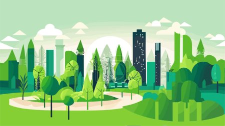 Téléchargez les illustrations : Paysage urbain vert avec gratte-ciel et arbres. Illustration vectorielle arrière plan - en licence libre de droit