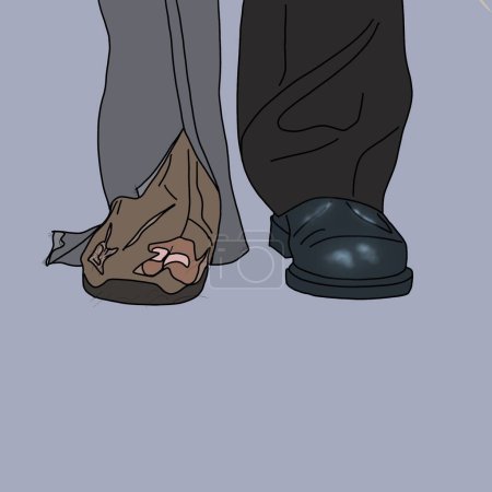 Vergleichende Illustration eines Beines, das einen glänzenden Schuh trägt, und des anderen mit einer alten und kaputten Sandale.