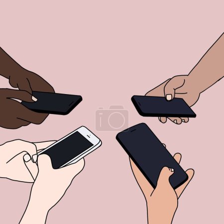 Téléchargez les photos : Quatre mains diverses tenant des téléphones cellulaires. - en image libre de droit