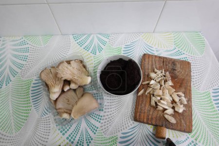 Photo for Breeding mushrooms at home. oyster mushroom with coffee to obtain mycelium and cultivation - Royalty Free Image