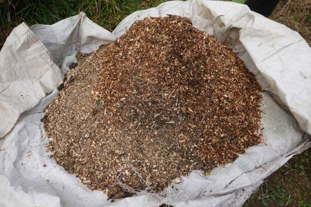 bolsa con virutas de madera para colocar en el suelo fertilizado de la huerta