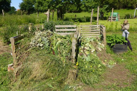 compost pile made from pallets, crop residues for composting with bird scarers