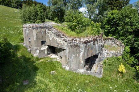 Photo for An aerial view of abandoned concrete blockhouse in forest. Orlicke hory, Czech republic. - Royalty Free Image
