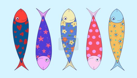 Téléchargez les illustrations : Illustration vectorielle d'un ensemble de poissons sardines colorés mignons - en licence libre de droit