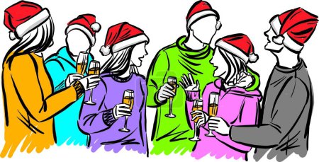 Téléchargez les photos : Groupe de personnes amis Noël célébration boire heureux hommes femmes illustration vectorielle - en image libre de droit