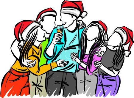 Téléchargez les photos : Groupe de personnes amis 2 Noël célébration boire heureux hommes femmes illustration vectorielle - en image libre de droit