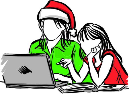 Téléchargez les photos : Mère et fille acheter des cadeaux de Noël ordinateur portable en ligne femme ordinateur fille illustration vectorielle - en image libre de droit