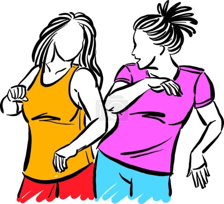 Ilustración de Dos mujeres bailando fitness trabajar juntos tener divertido vector ilustración - Imagen libre de derechos