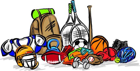 Téléchargez les photos : Équipement sportif balle casque chauve-souris gant raquette protection sac chaussures vectoriel illustration - en image libre de droit