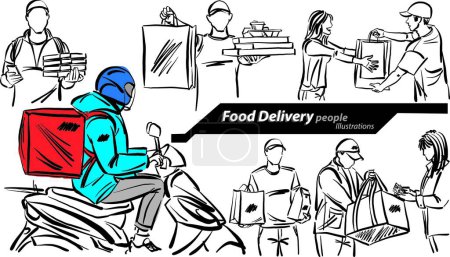 Ilustración de Servicio de entrega de alimentos paquete personas profesión trabajo doodle diseño dibujo vector ilustración - Imagen libre de derechos