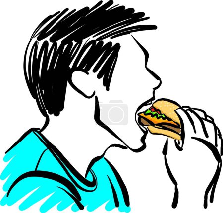 Téléchargez les photos : Homme manger hamburguer concept nutritionnel malsain fast food vecteur illustration - en image libre de droit