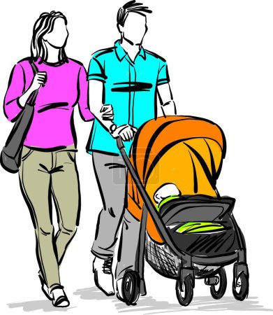 Téléchargez les photos : Couple 2 homme et femme avec bébé dans une poussette prenant une promenade heureux concept de famille illustration vectorielle - en image libre de droit