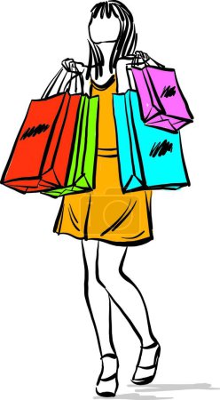 Illustration for Shopping teen teenager woman having fun shopping bags vector illustration - Royalty Free Image
