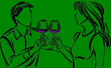 Téléchargez les photos : Homme et femme boire ensemble verre de vin couple romantique en amour illustration vectorielle - en image libre de droit