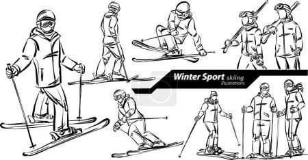 Téléchargez les illustrations : Ski personnes doodle set collection conception dessin illustration vectorielle - en licence libre de droit
