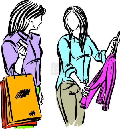 Téléchargez les photos : Deux jeunes femmes achetant des vêtements avec carte de crédit dessin dessin vectoriel illustration - en image libre de droit