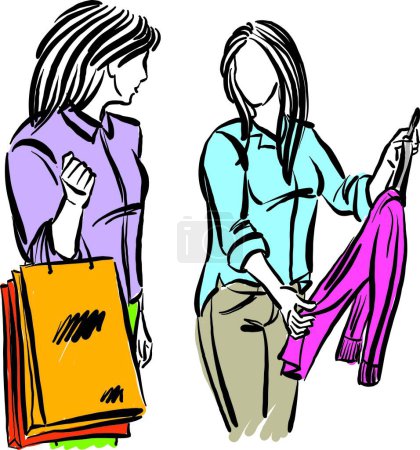 Téléchargez les photos : Deux jeunes femmes faisant du shopping vêtements dessin dessin dessin vectoriel illustration - en image libre de droit