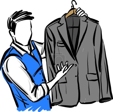 Illustration for Young man seller selling showing clothes doodle design drawing vector illustration - Royalty Free Image