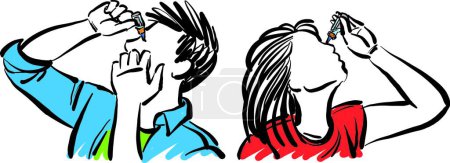 Téléchargez les photos : Homme et femme 2 application collyre soins de santé doodle vecteur illustration - en image libre de droit