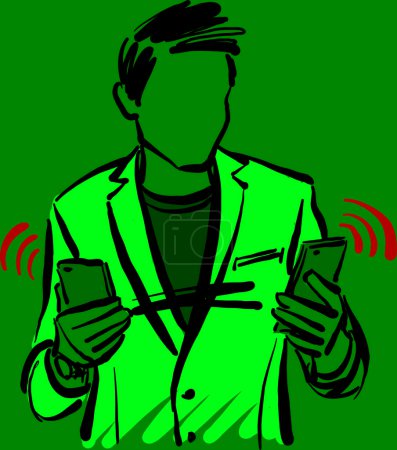 Téléchargez les photos : Homme gars avec des téléphones cellulaires choisir entre deux téléphones acheter concept vectoriel illustration - en image libre de droit