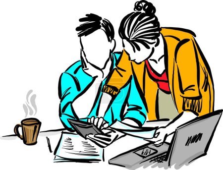 Téléchargez les photos : Couple homme et femme payer des factures concept travailler ensemble avec ordinateur portable illustration vectorielle d'ordinateur - en image libre de droit