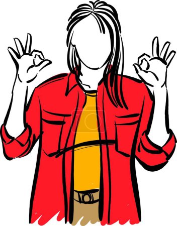 Téléchargez les photos : Femme ok geste main corps langage doddle vecteur illustration - en image libre de droit