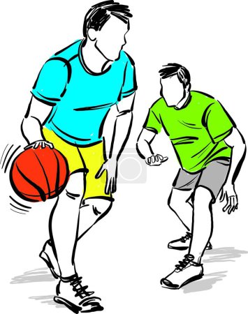 Téléchargez les photos : Deux joueurs de basket-ball hommes amis jouer ensemble illustration vectorielle - en image libre de droit