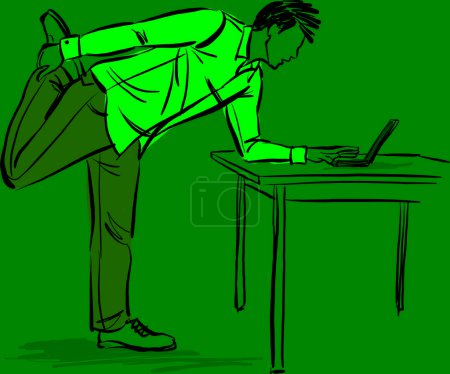 Téléchargez les photos : AFFAIRES homme travaillant et s'étirant devant un ordinateur portable illustration vectorielle - en image libre de droit