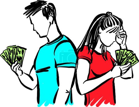 Téléchargez les photos : Couple homme et femme avec des problèmes d'argent concept dollars factures illustration vectorielle - en image libre de droit