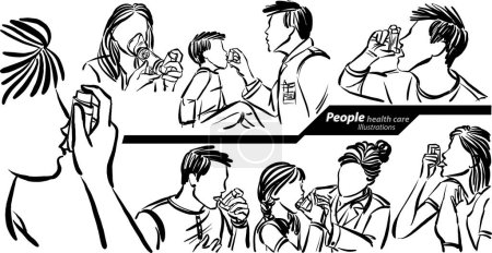 Téléchargez les photos : Personnes utilisant inhalateur respiratoire soins de santé poumons maladie doodle dessin illustration vectorielle - en image libre de droit