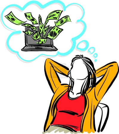 Téléchargez les photos : Femme détente pensée dans l'argent concept commerce électronique vecteur illustration - en image libre de droit