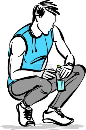 Téléchargez les photos : Fitness homme gars bouteille d'eau potable avec illustration vectorielle casque - en image libre de droit
