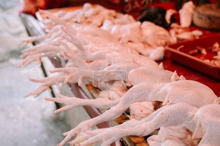 Several chickens that have been skinned and ready to be sold to customers at the Warung Jambu traditional market, Indonesia. Bogor, 6 April 2024.