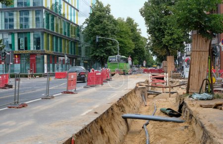 Photo for Dusseldorf, Germany - July 19, 2019: Road works and major maintenance work in Dusseldorf. - Royalty Free Image