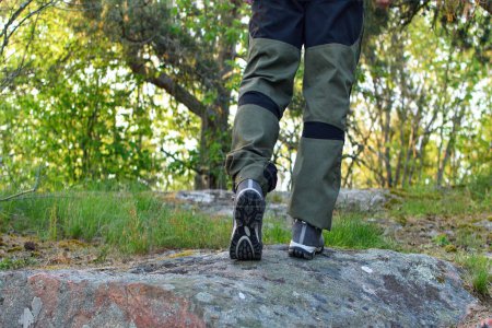 Legs of a man in sneakers walking through the forest.  Hiking, traveling.