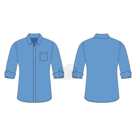 Illustration for Blue long sleeve shirt rolled up half. Flat illustration of men's collared shirt with pockets isolated on white - Royalty Free Image