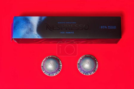 Photo for Thessaloniki, Greece - July 6 2023: Nespresso Vertuo Pop machine Barista Creations Ice Forte aluminium pods with box and logo, used to create espresso-dripping coffee. - Royalty Free Image