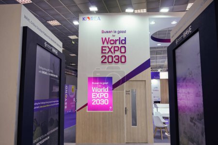 Photo for Thessaloniki, Greece - September 9 2023: Busan, Korea World Expo 2030 Candidate banner with logo on display at an international fair. - Royalty Free Image