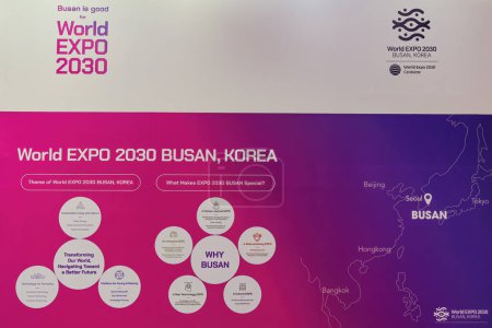 Photo for Thessaloniki, Greece - September 9 2023: Busan, Korea World Expo 2030 Candidate banner with logo on display at an international fair. - Royalty Free Image