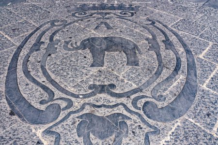 Elephant logo on the marble pavement at Duomo square outside Palazzo degli Elefanti in Catania Sicily, Italy.