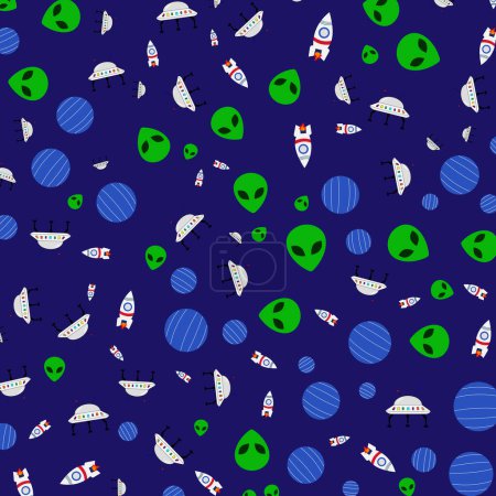 Illustration for Space elements seamless pattern. Space doodle illustration. Vector illustration. Seamless pattern with cartoon space rocket, planet, alien, ufo. Pattern for web page, textile,  wallpaper,banner,poster. world space week. - Royalty Free Image